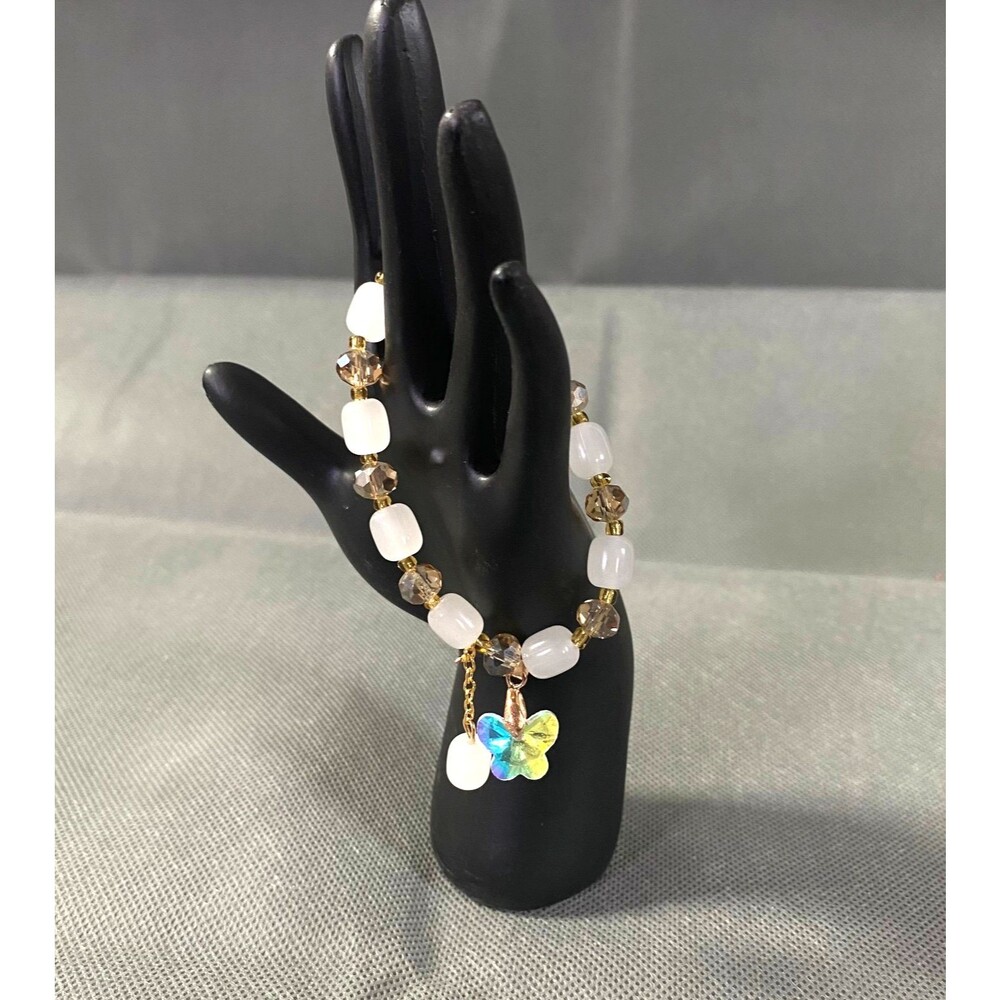 Iridescent Butterfly Charm Bracelet Oblong Glass Beads White Light Amber Stretch - Picture 3 of 7